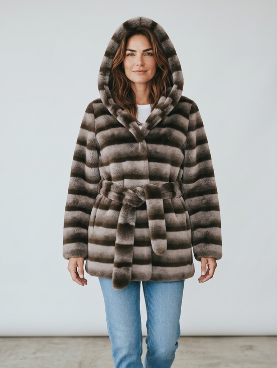 Fox Jackets & Blazers - Luxury Faux Fur Hooded Coat Brown Striped Belted Jacket Soft Plush Winter Chic